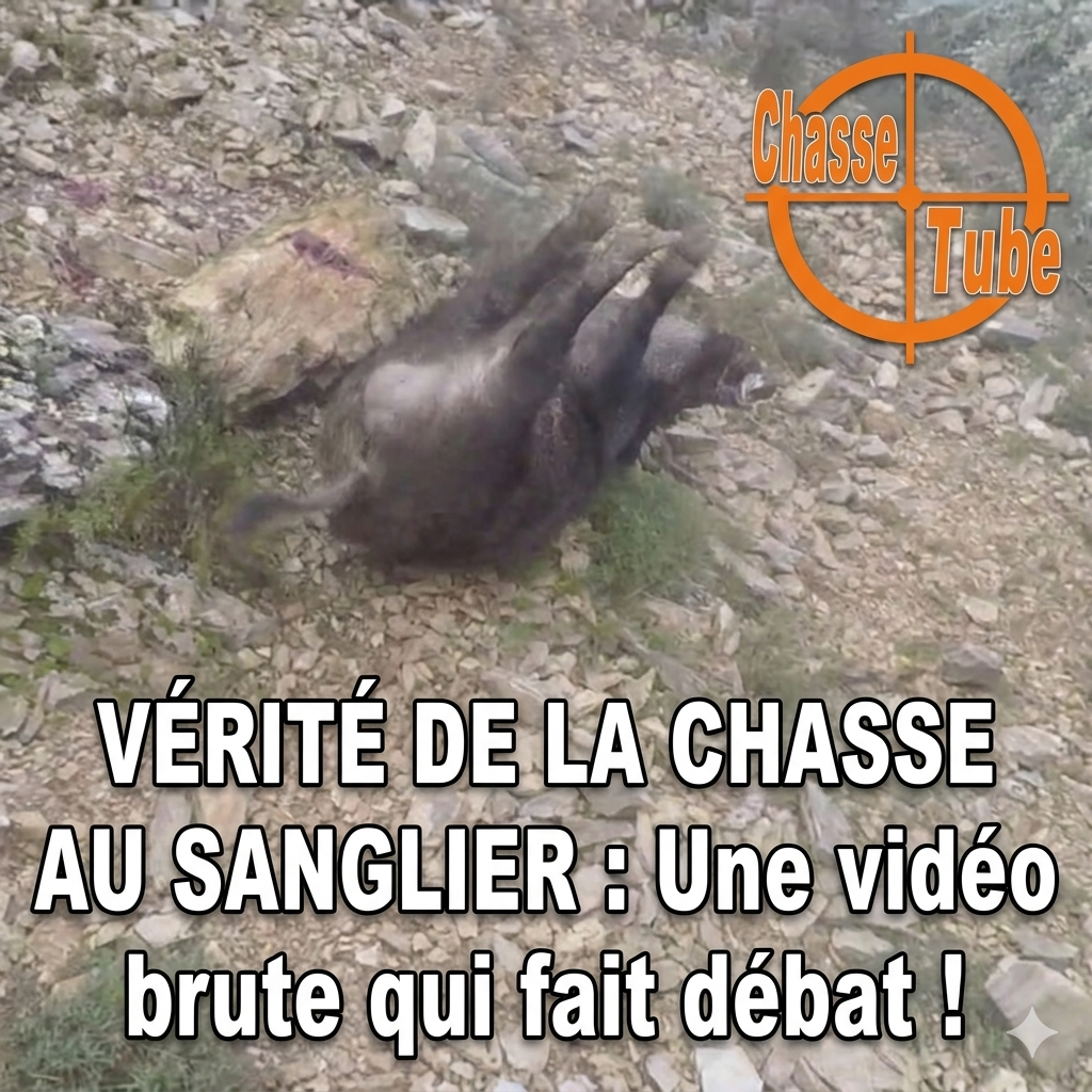 Sanglier au sol lors d'une chasse de régulation en zone rocheuse, avec le logo Chassetube.