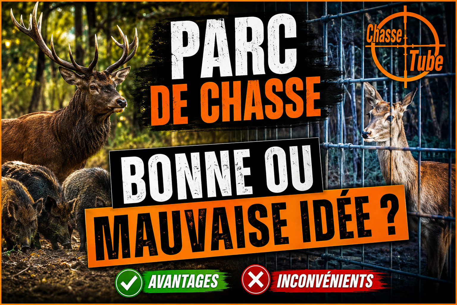 Parc de chasse avantages et inconvénients : cerf et sangliers en milieu naturel face à un animal derrière un grillage