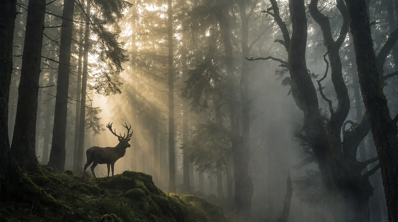 Cerf dans une forêt de pins brumeuse traversée par des rayons de soleil
