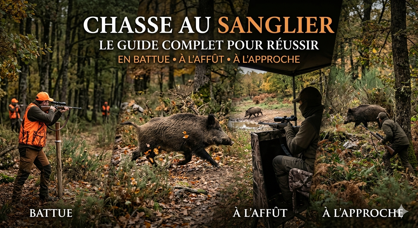Montage montrant les trois techniques de chasse au sanglier : battue, affût et approche avec chasseurs en action et sanglier en forêt.