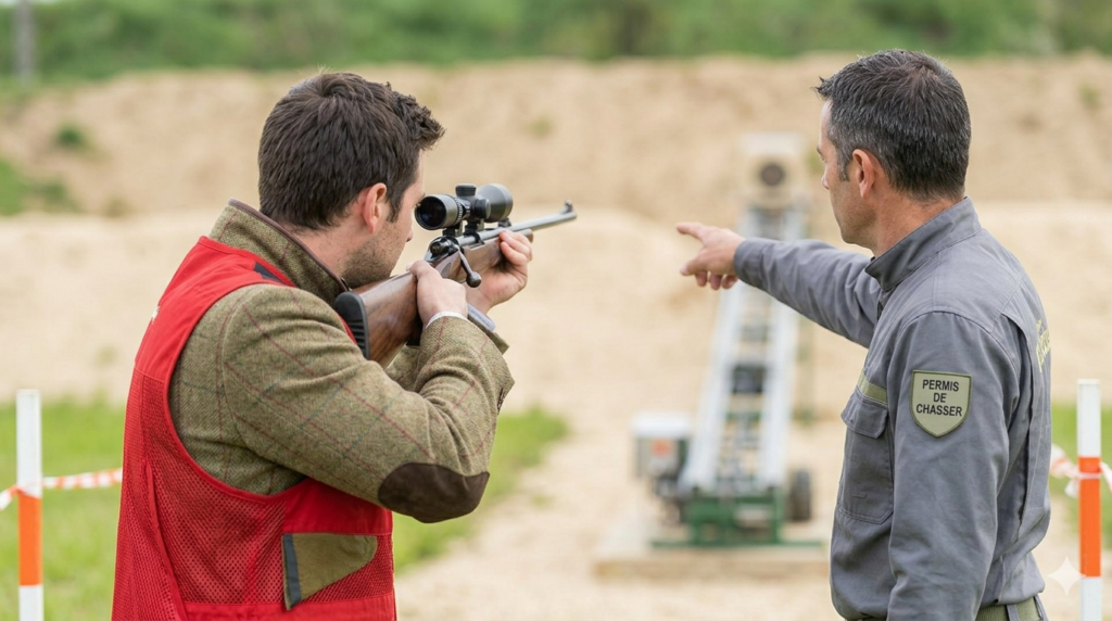 image d'action carabine rayée (avec lunette) au stand de tir sanglier courant avec instructeur